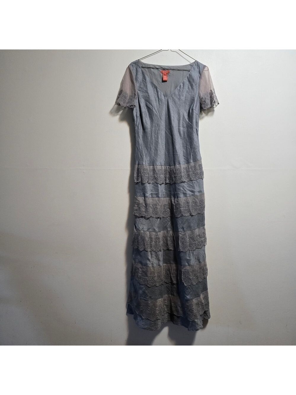 Vintage Sundance 100% Linen Blue and Gray Lace Maxi Dress